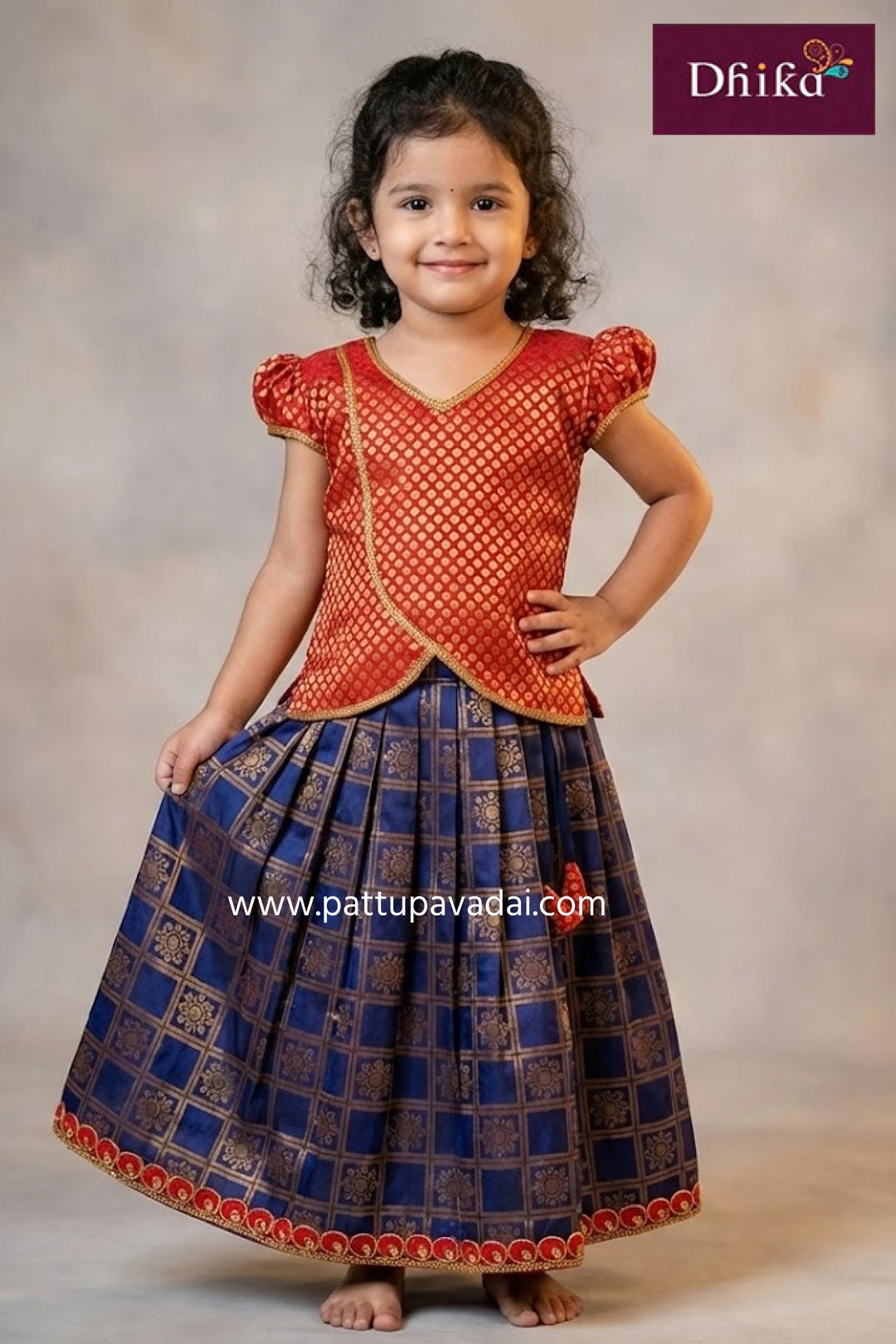 kids red brocade top with navy blue skirt traditional skirt set for girls