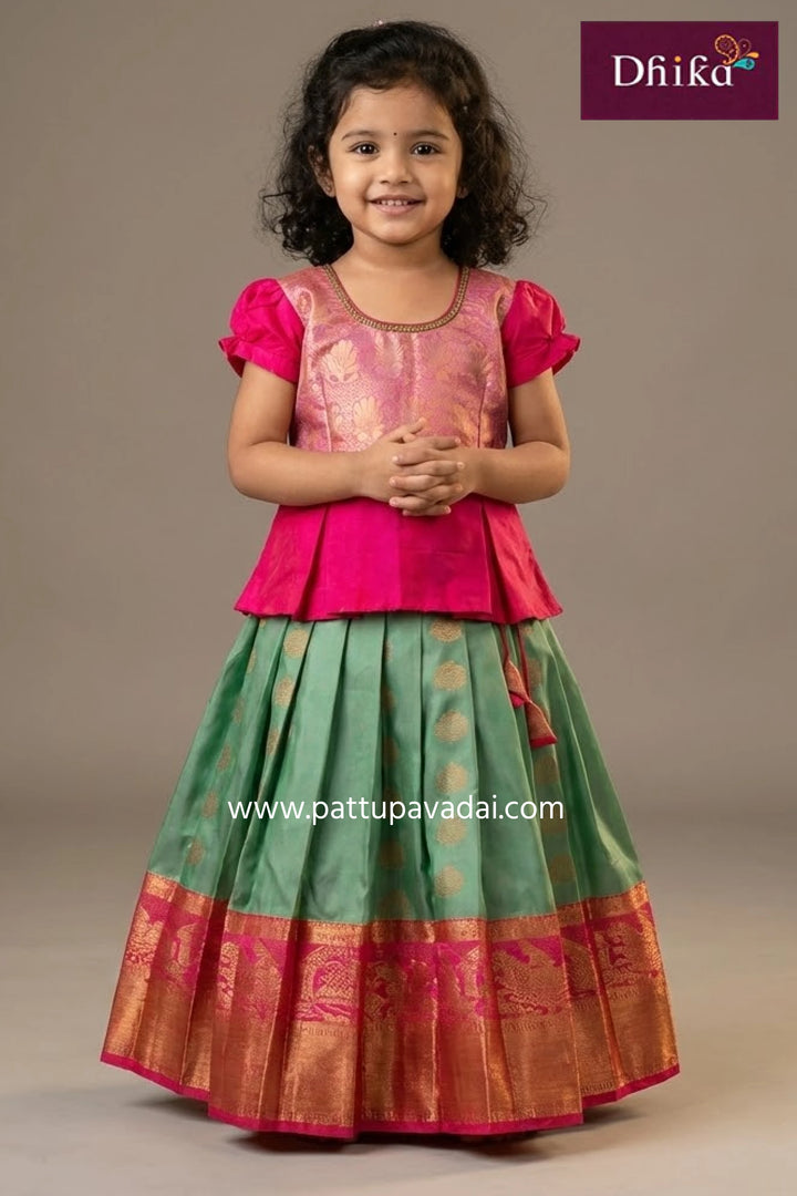 Kids Semi Kanchi Pattu Pavadai – Pastel Green & Pink Traditional Dress for Girls