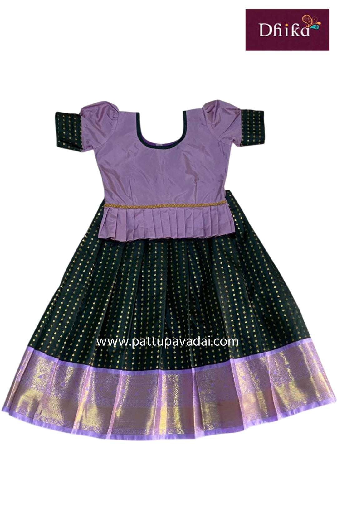 kids dark green lavender semi kanchipuram silk pavadai girls ethnic festive wear online