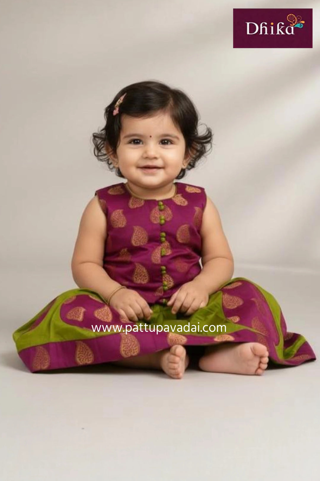 kids parrot green silk cotton skirt with magenta banarasi top and mango buttas