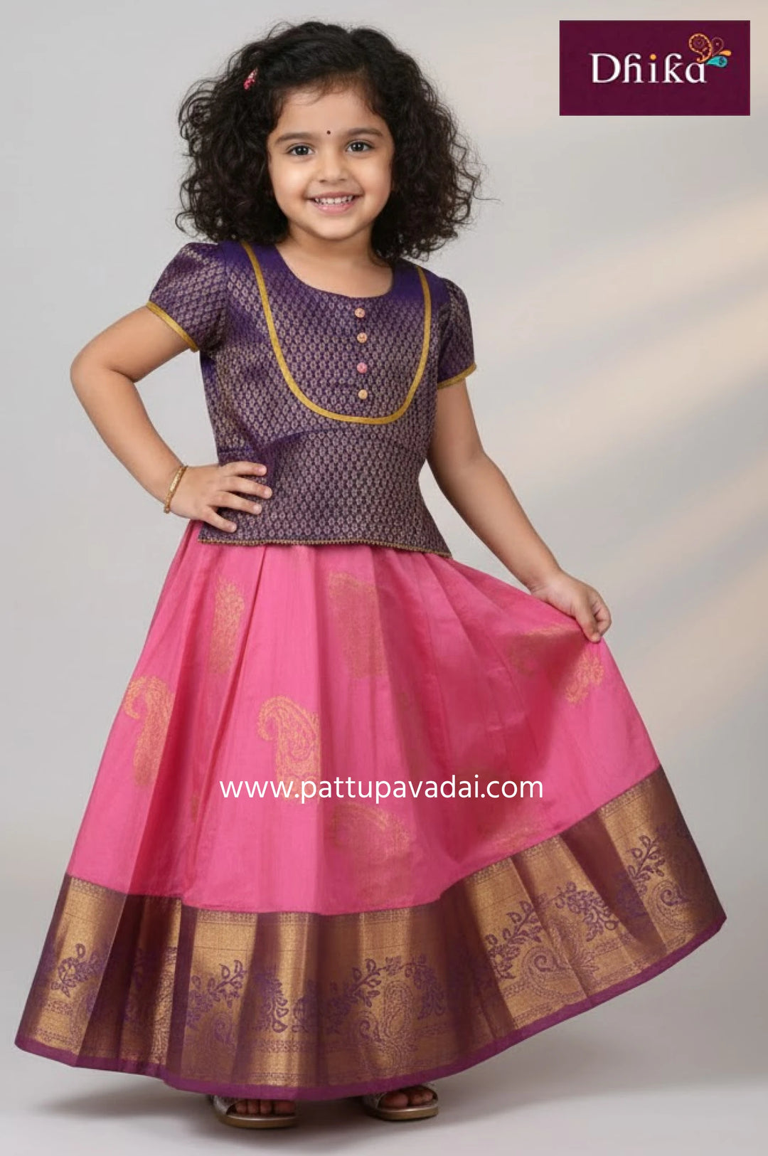 kids baby pink violet silk cotton pavadai sattai with mango zari work