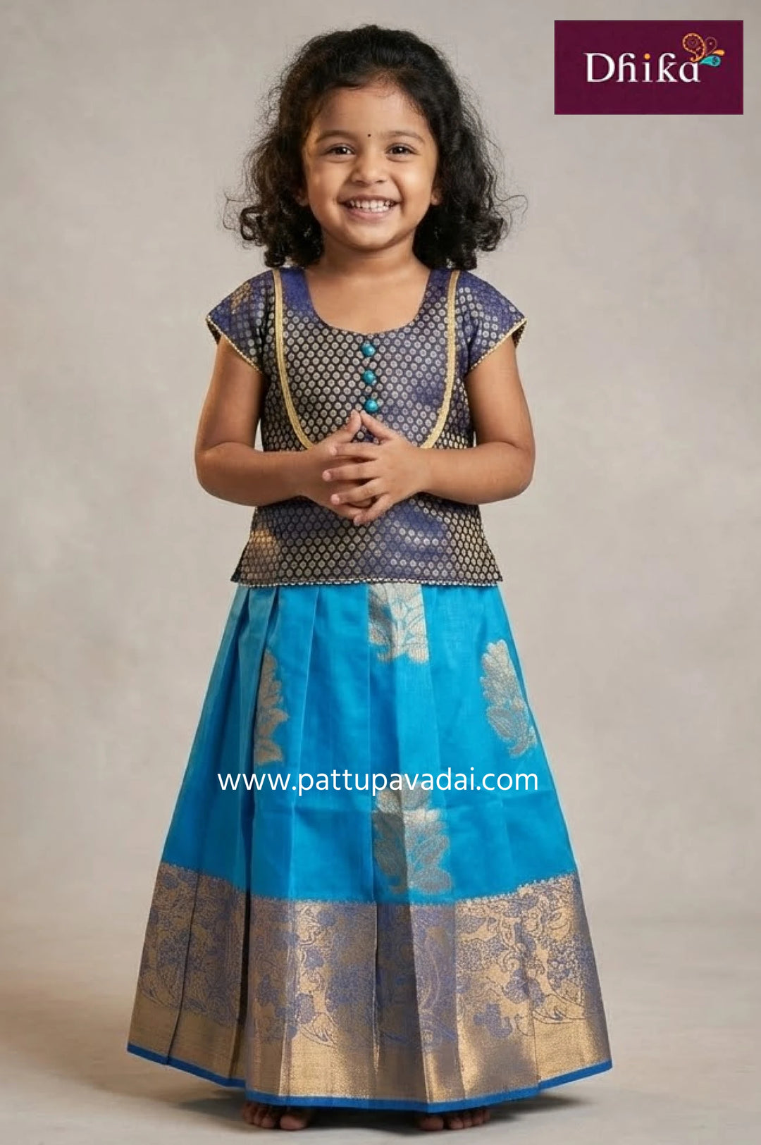 kids sky blue navy blue silk cotton pavadai sattai with zari design