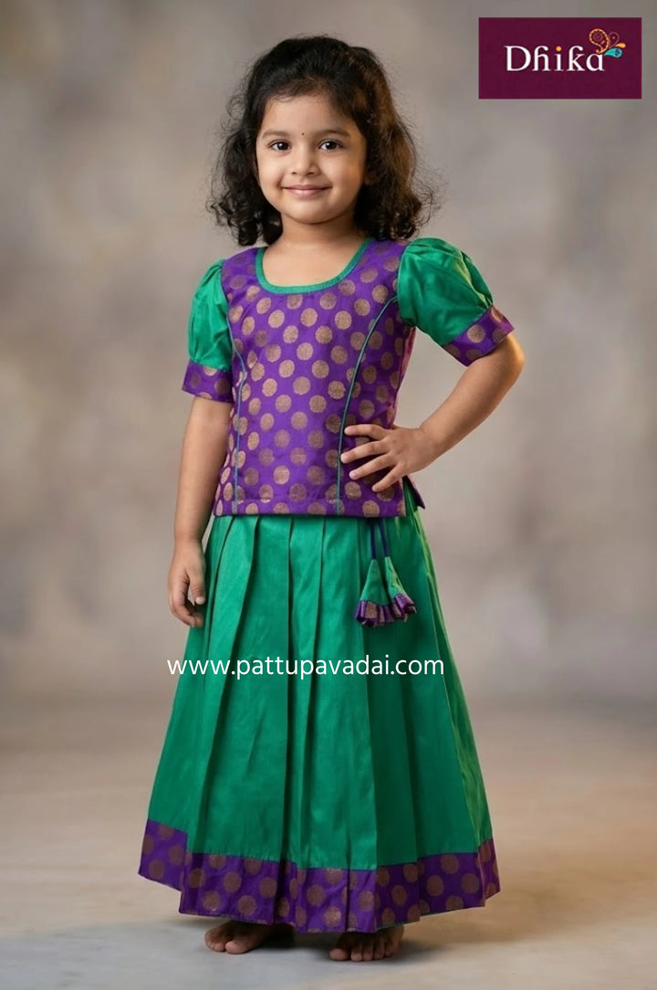Kids Silk Cotton Pavadai Set Green and Violet
