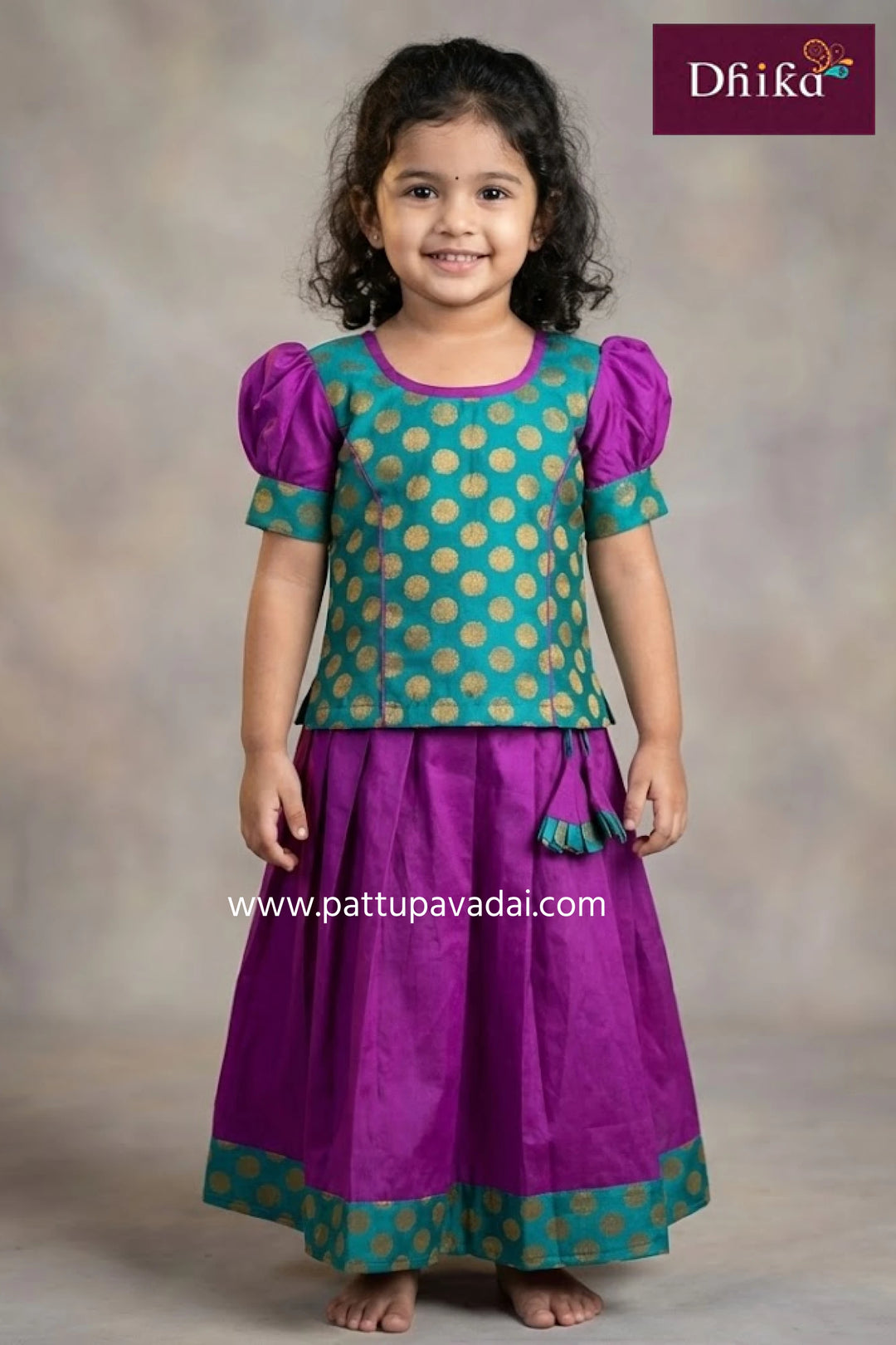 Kids Silk Cotton Pavadai Set Magenta and Rama Green