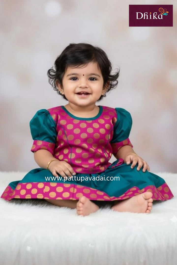 kids peacock blue and pink silk cotton pavadai set brocade top with flared skirt