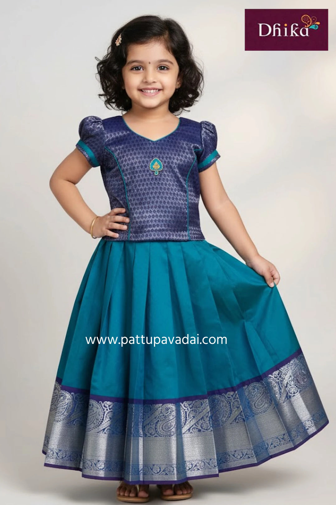 Kids Silk Cotton Pavadai Sky Blue and Navy Blue