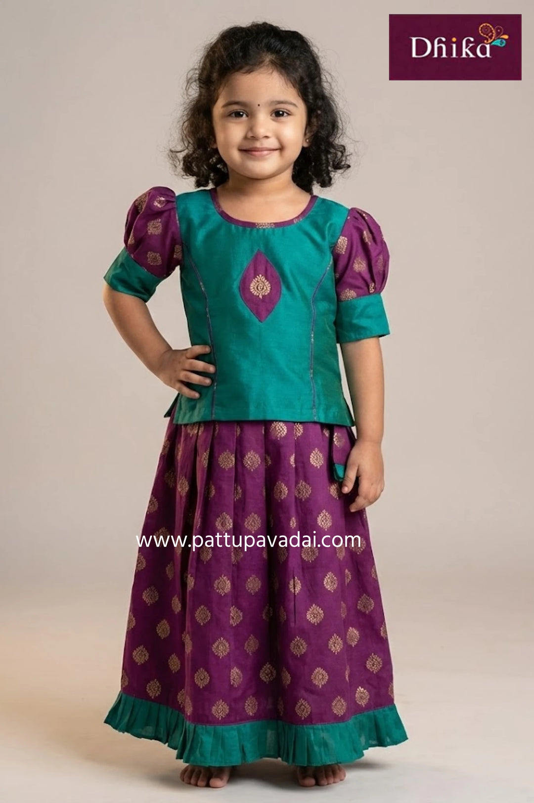 Kids Silk Cotton Top Green with Magenta Skirt