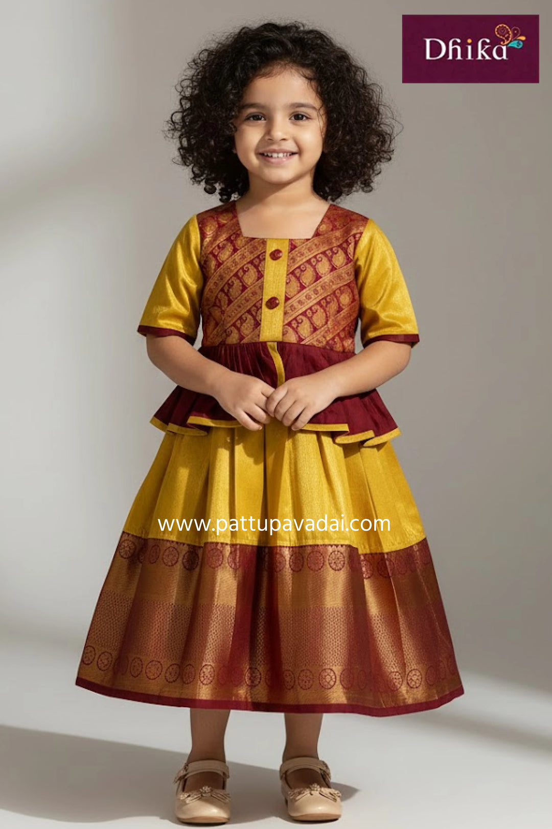kids golden and maroon silk long gown girls traditional festive long dress with soft cotton lining