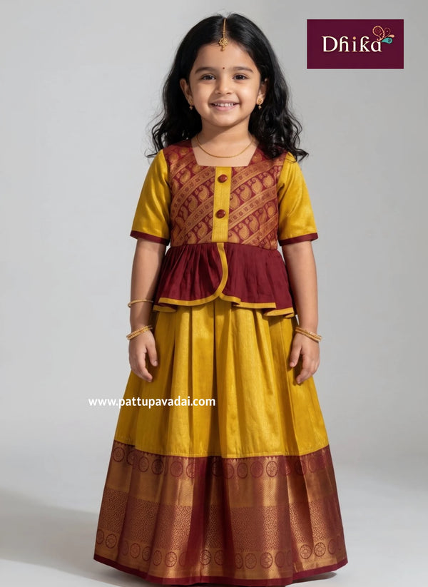 kids golden and maroon silk long gown girls traditional festive long dress with soft cotton lining