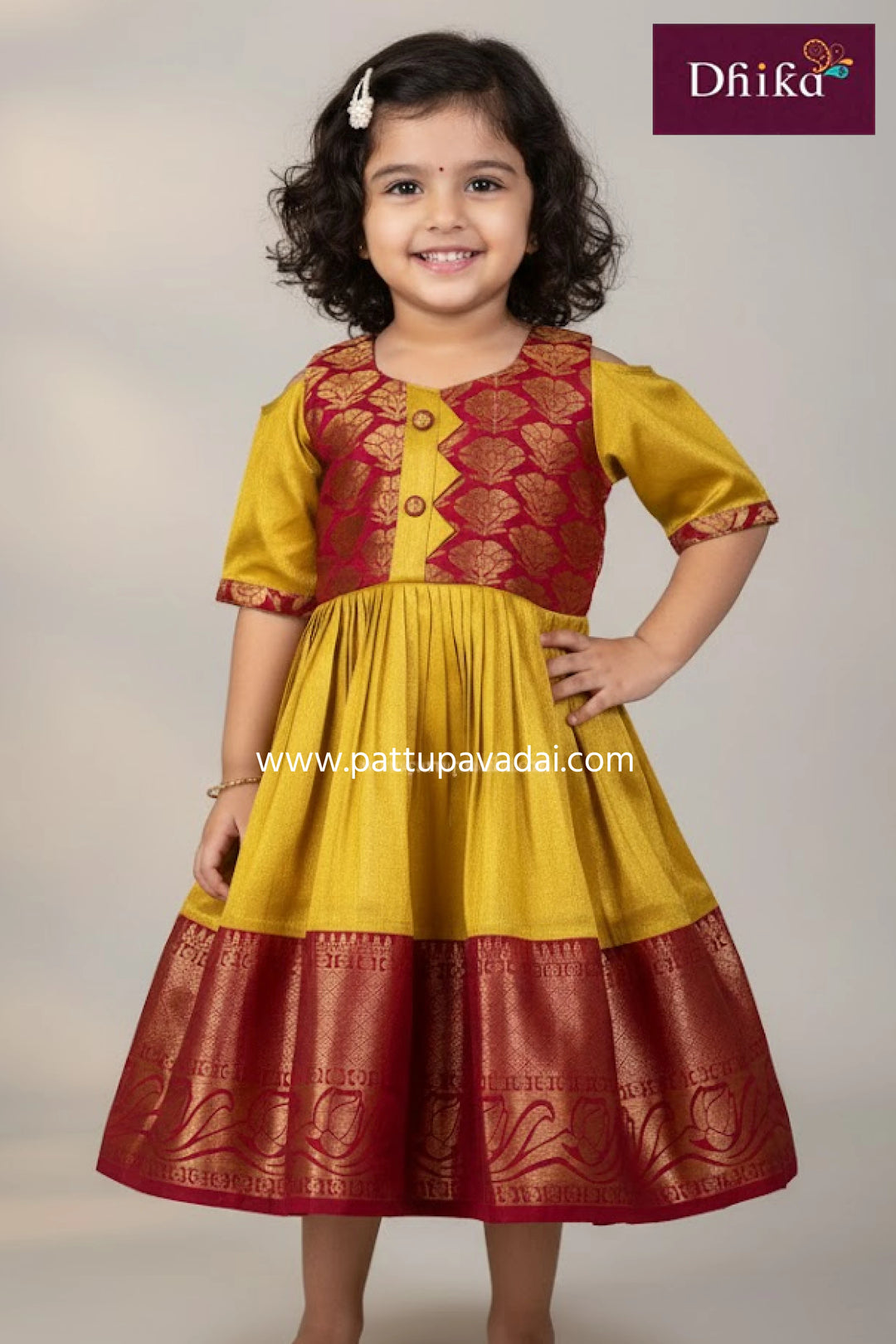 kids golden and red silk long gown girls traditional festive wear with cotton inner lining