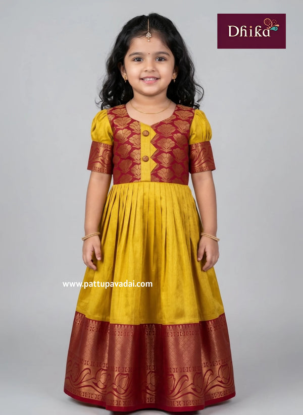 kids golden and red silk long gown girls traditional festive wear with cotton inner lining
