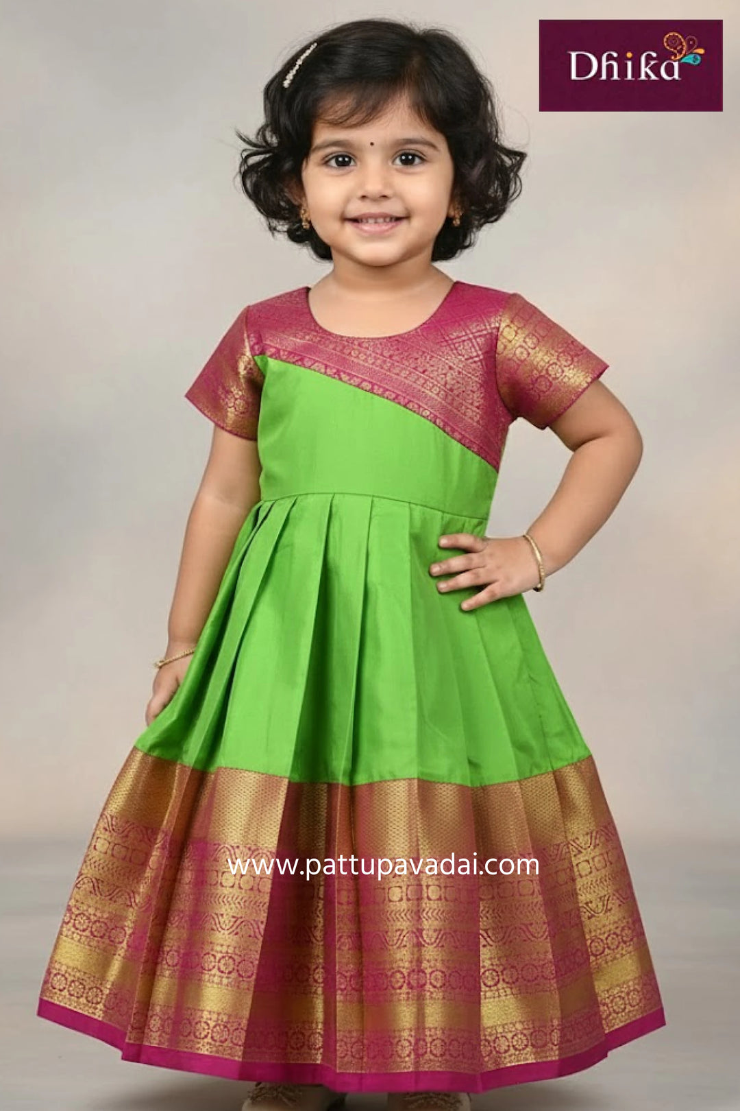 kids pink and parrot green silk long gown girls traditional festive wear with broad zari border and cotton inner lining