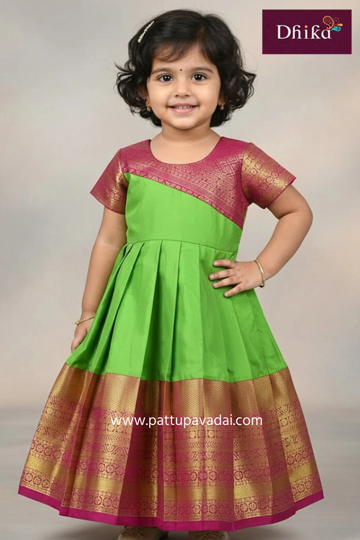 kids pink and parrot green silk long gown girls traditional festive wear with broad zari border and cotton inner lining