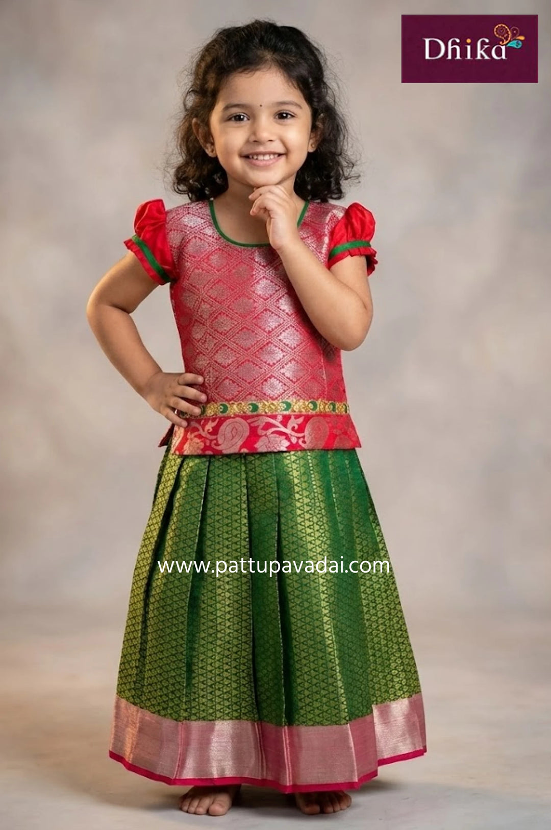 Kids Silk Pavadai Green and Red