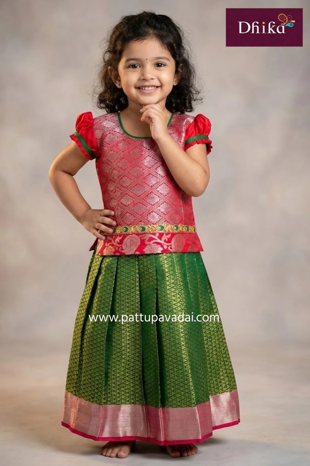 Kids Silk Pavadai Green and Red