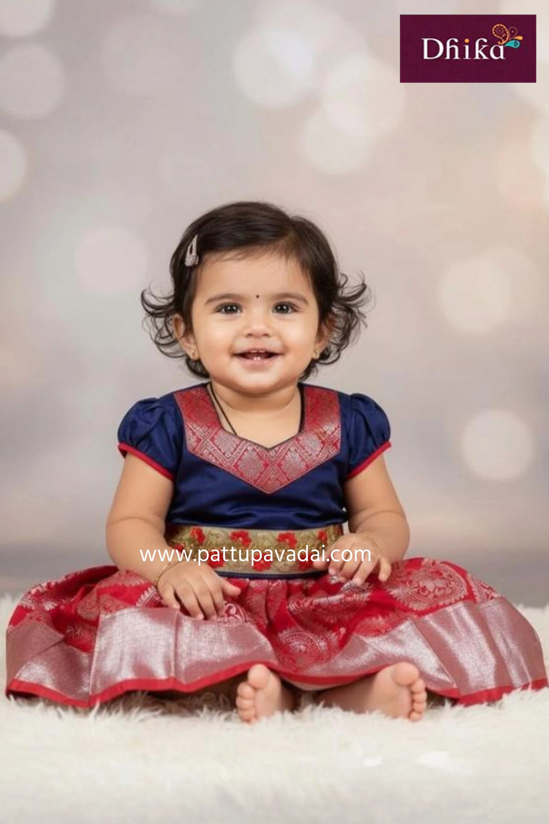 kids red and navy blue silk pavadai silver zari skirt with tassel work and designer blouse