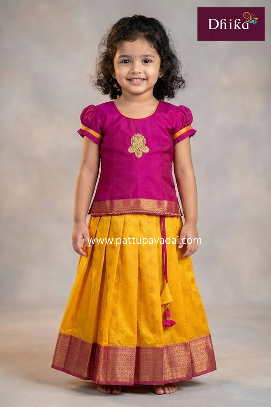 kids yellow and pink silk pavadai traditional petticoat style skirt set for girls