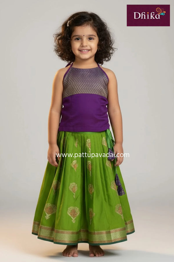 kids violet soft silk pattu pavadai butta design skirt with shoulder knot top