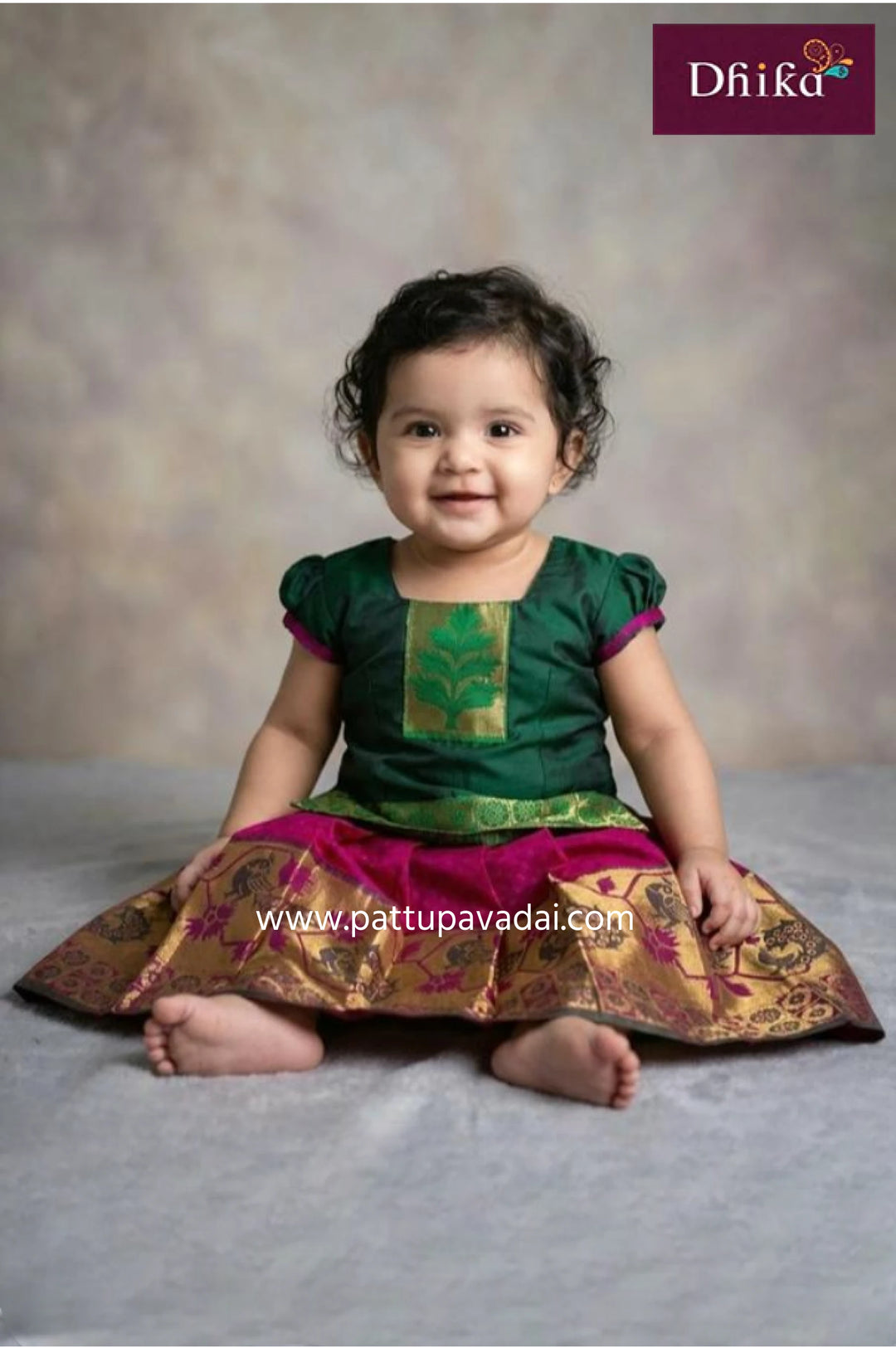 Kids Soft Silk Pavadai Pink and Green