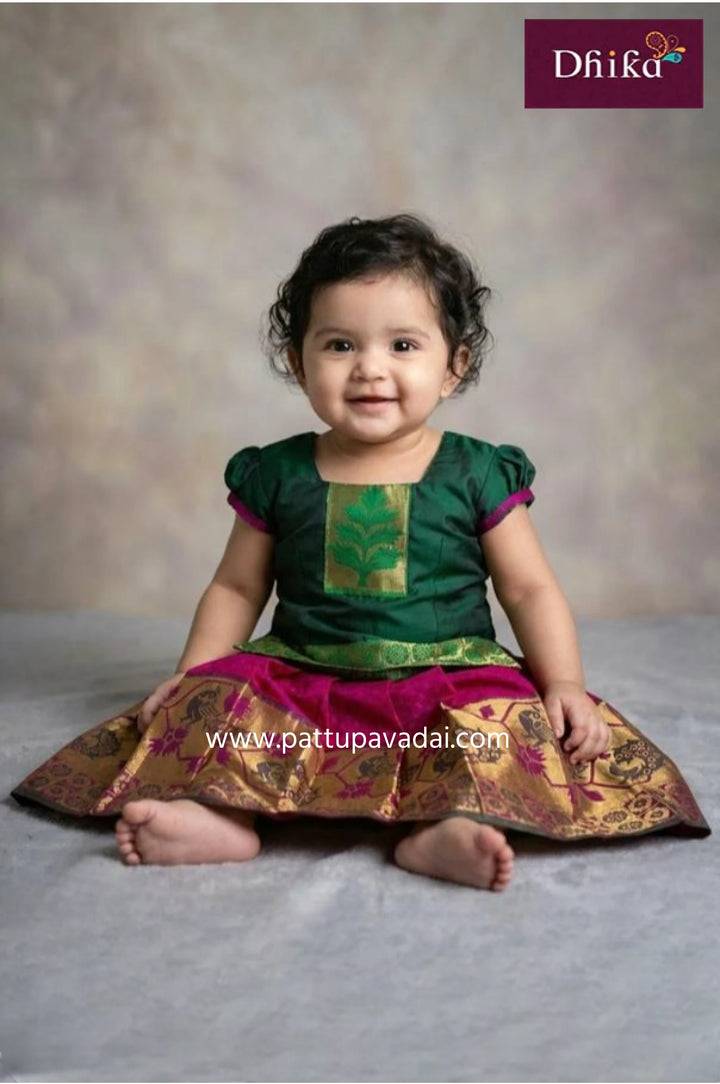 Kids Soft Silk Pavadai Pink and Green