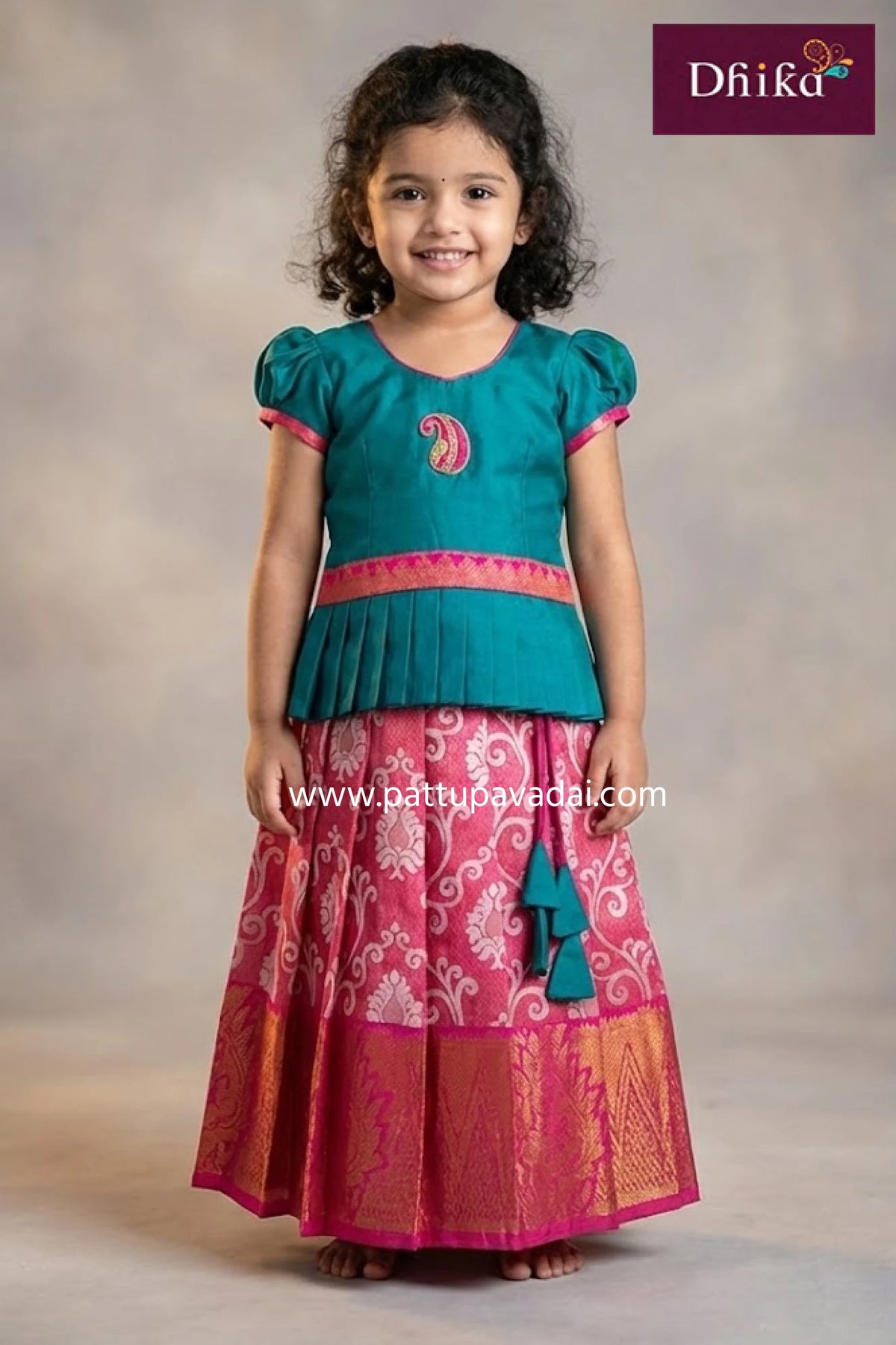 kids pink and peacock blue soft silk pavadai silver zari work skirt with peplum top