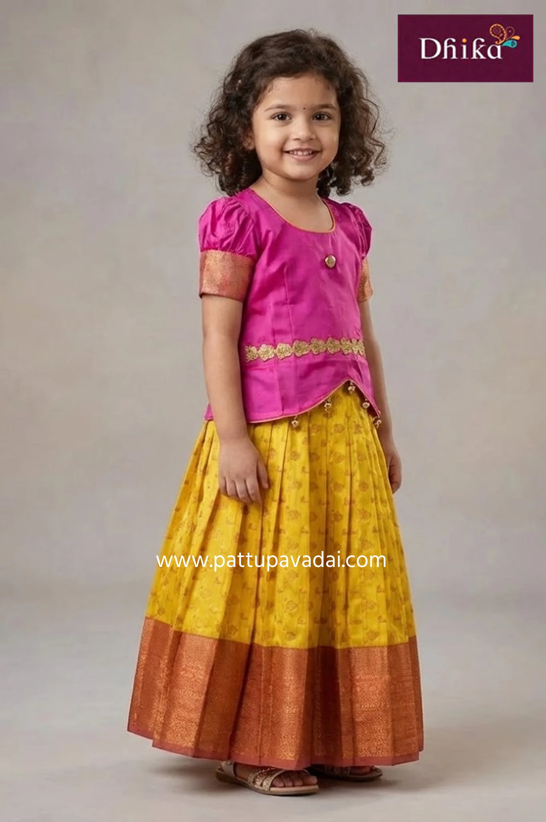 Kids Soft Silk Pavadai Pink and Yellow
