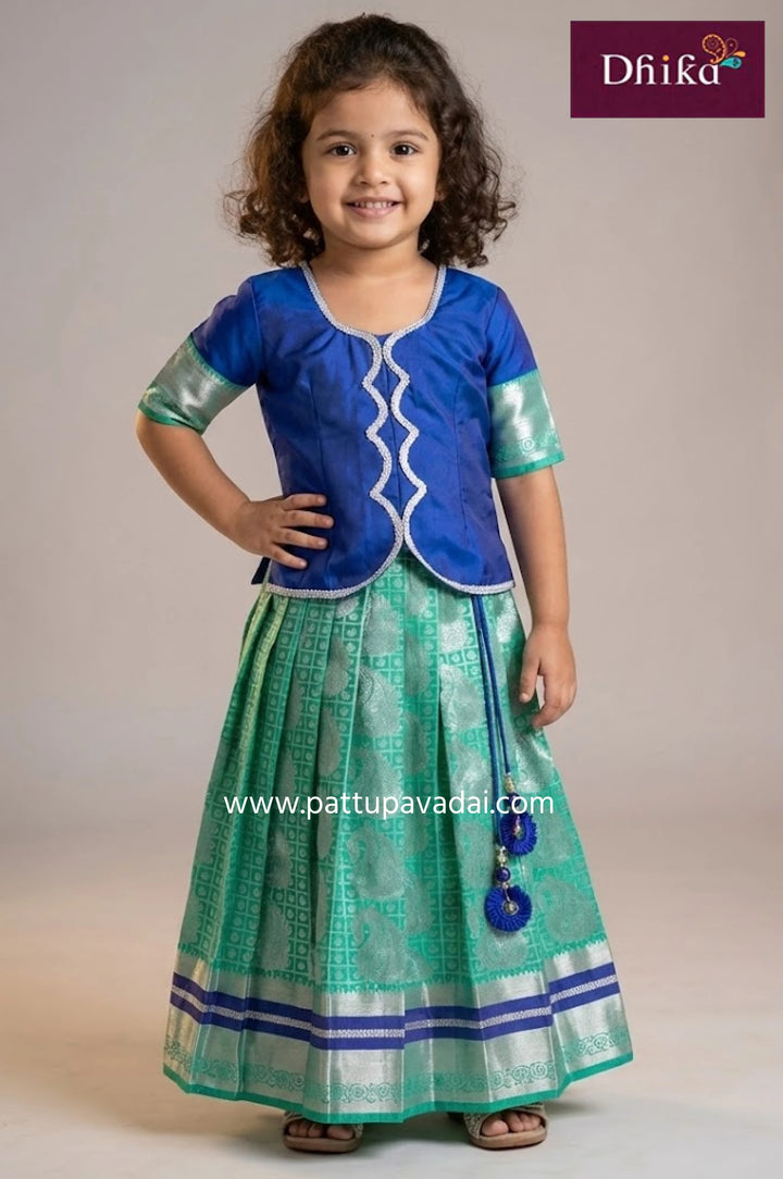 Kids Soft Silk Pavadai Sea Green and Blue