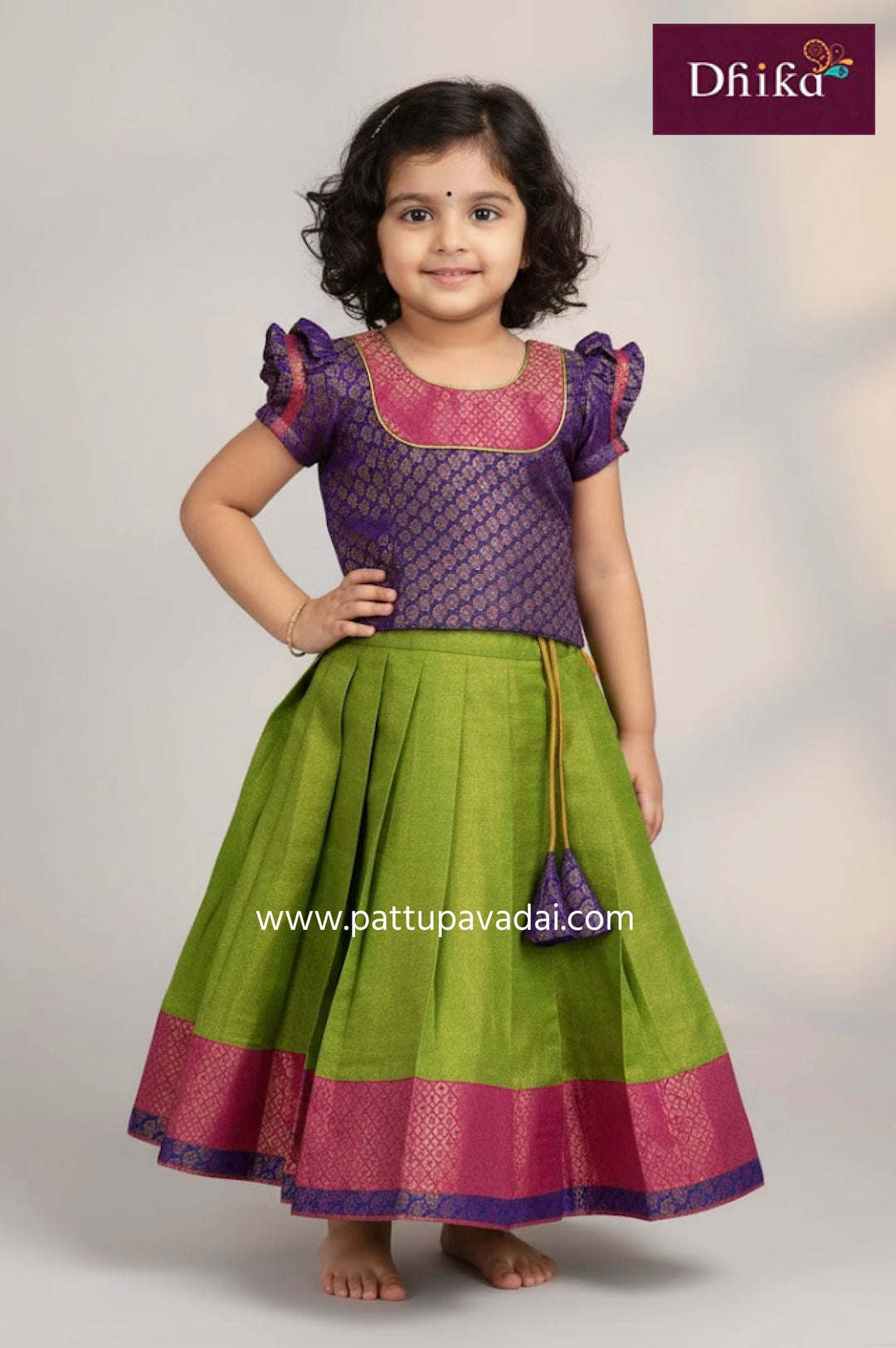Kids Tissue Silk Pavadai Parrot Green and Violet