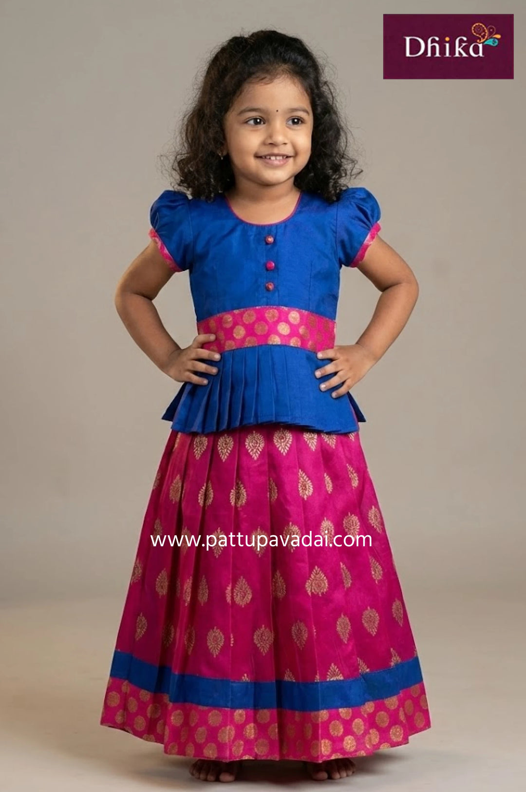 kids blue pink cotton pattu pavadai with brocade border and puff sleeve blouse