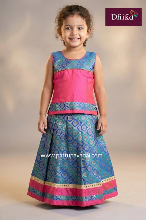 kids traditional pink and blue pavadai langa ethnic silk cotton outfit with zari border festive wear available online at pattupavadai.com