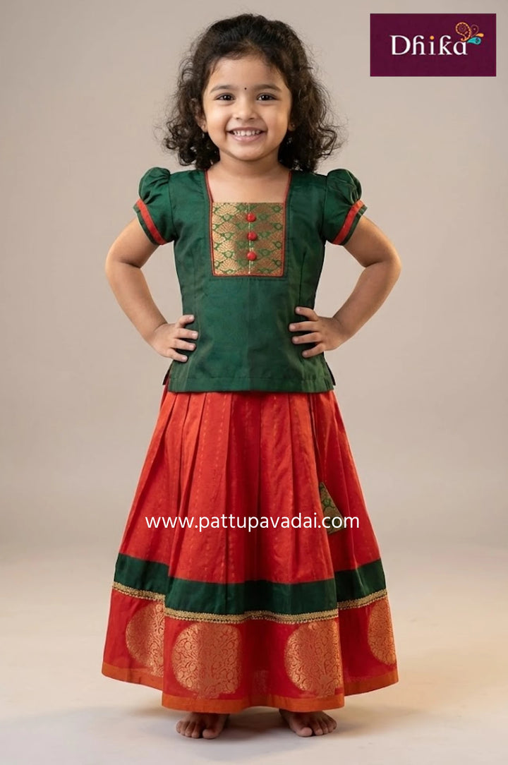 Kids Traditional Soft Silk Pavadai Orange and Green