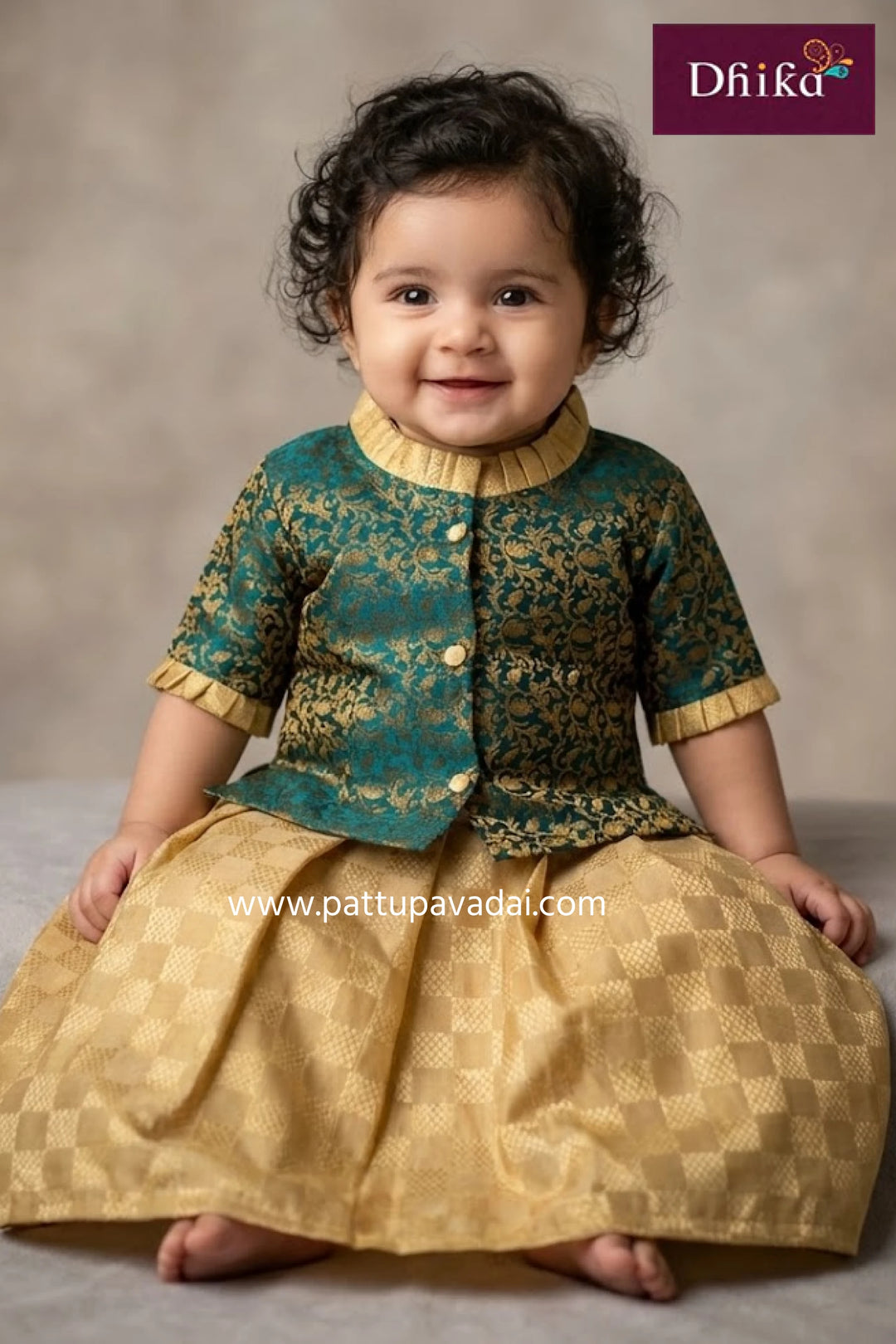 kids cream and green trendy fancy langa checked skirt with chanderi silk top