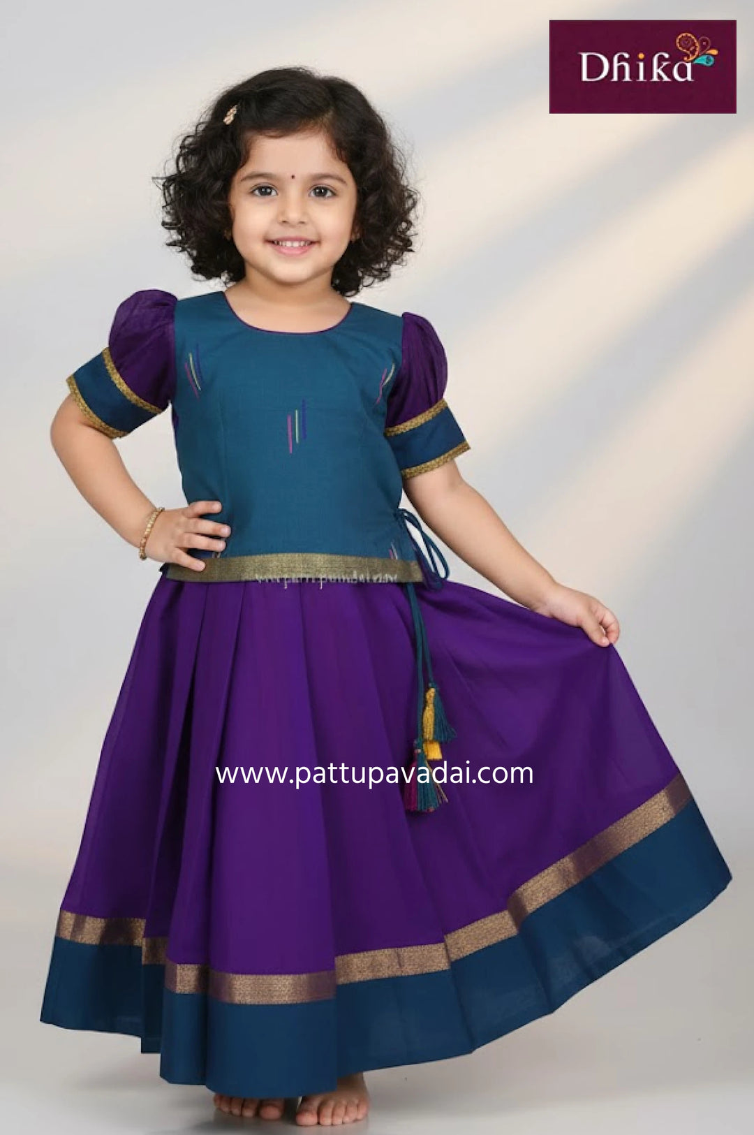 kids violet peacock blue cotton pavadai set for traditional wear