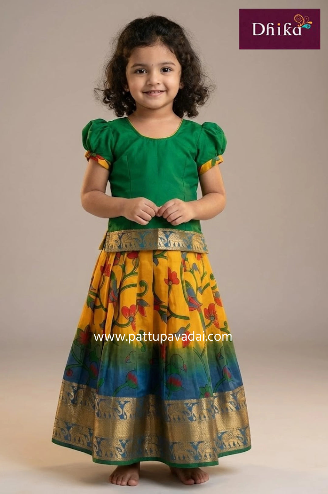 kids yellow green cotton kalamkari skirt with zari border