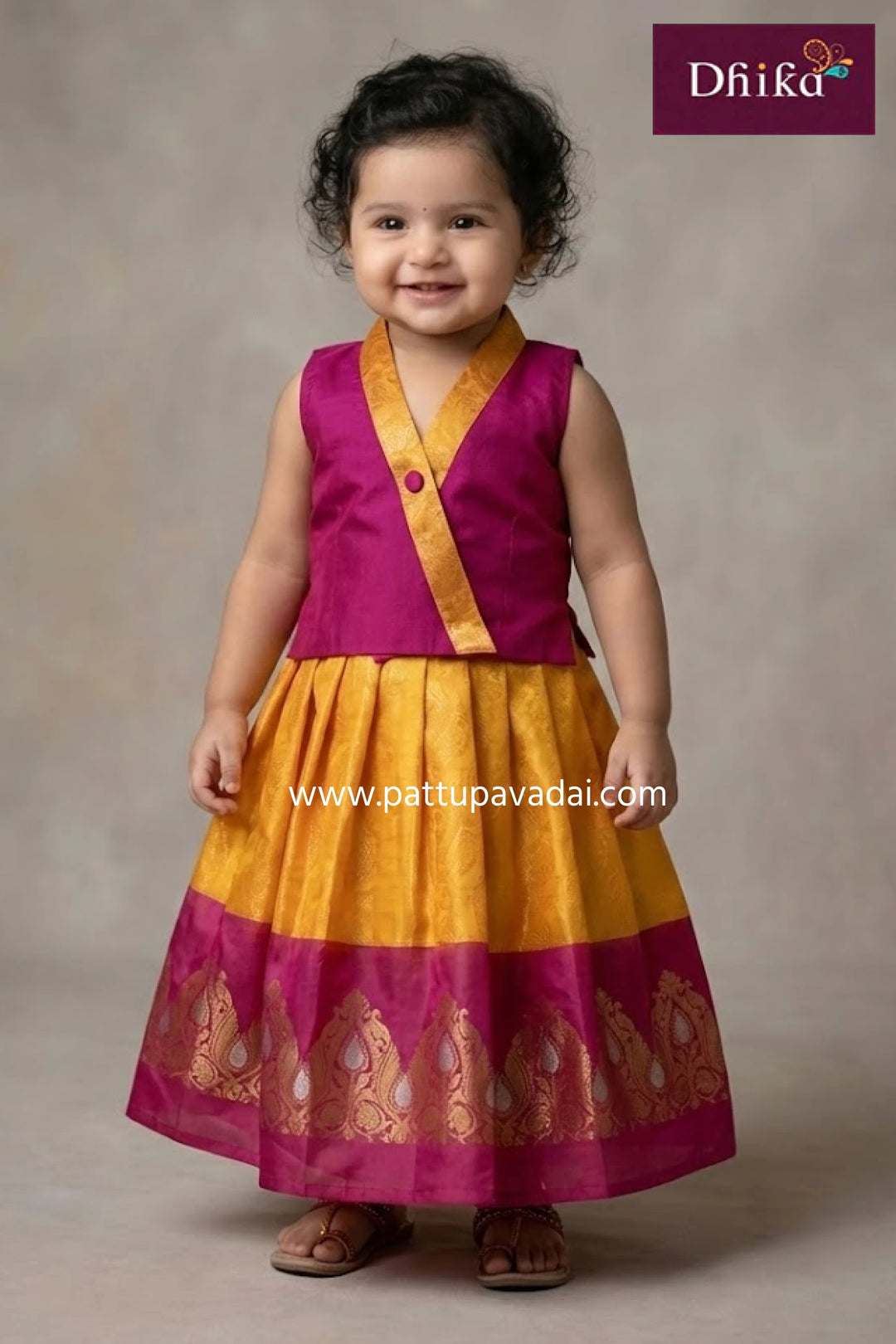 Kids Yellow and Pink Pattu Pavadai – Kora Muslin Silk Skirt and Top for Girls