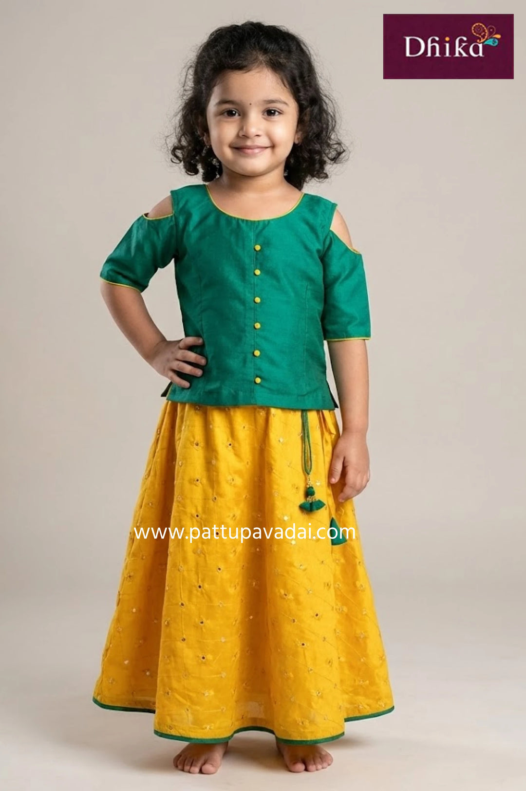 Kids Yellow and Rama Green Fancy Langa