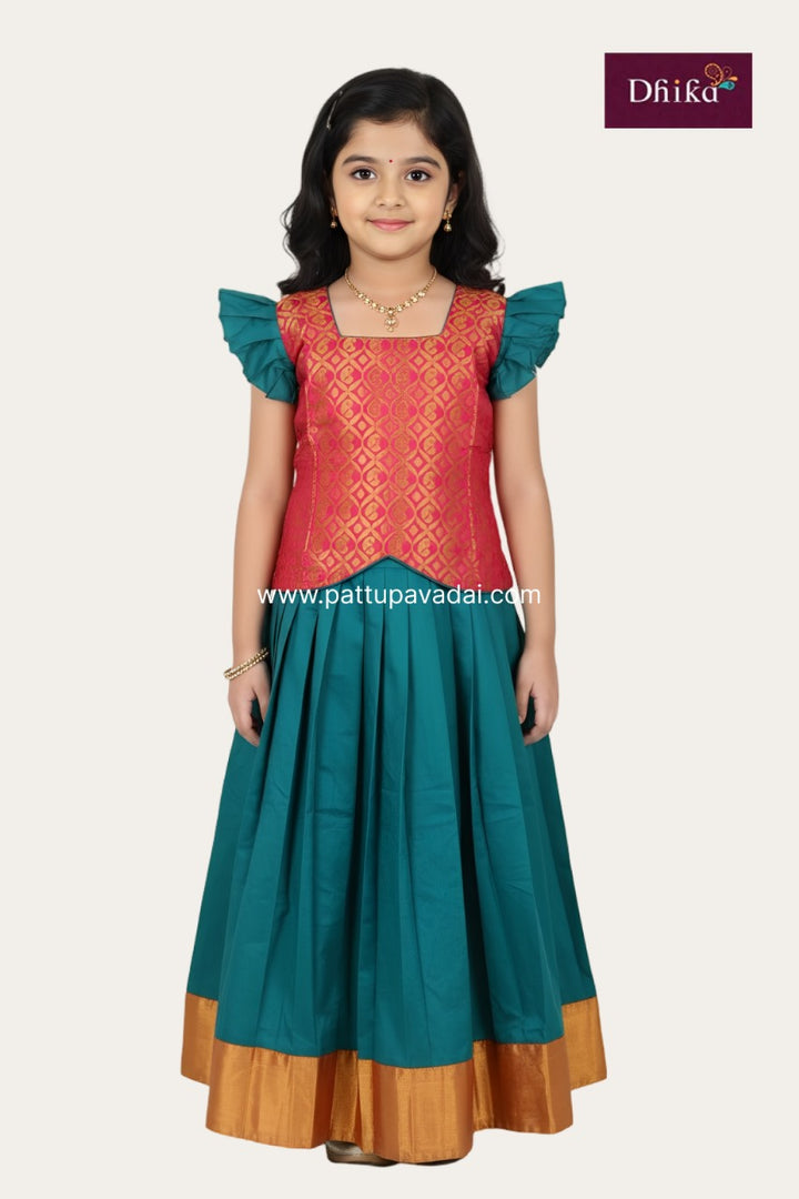 Kids Soft Silk Pavadai – Rama Green & Pink | Traditional Pattu Pavadai for Girls
