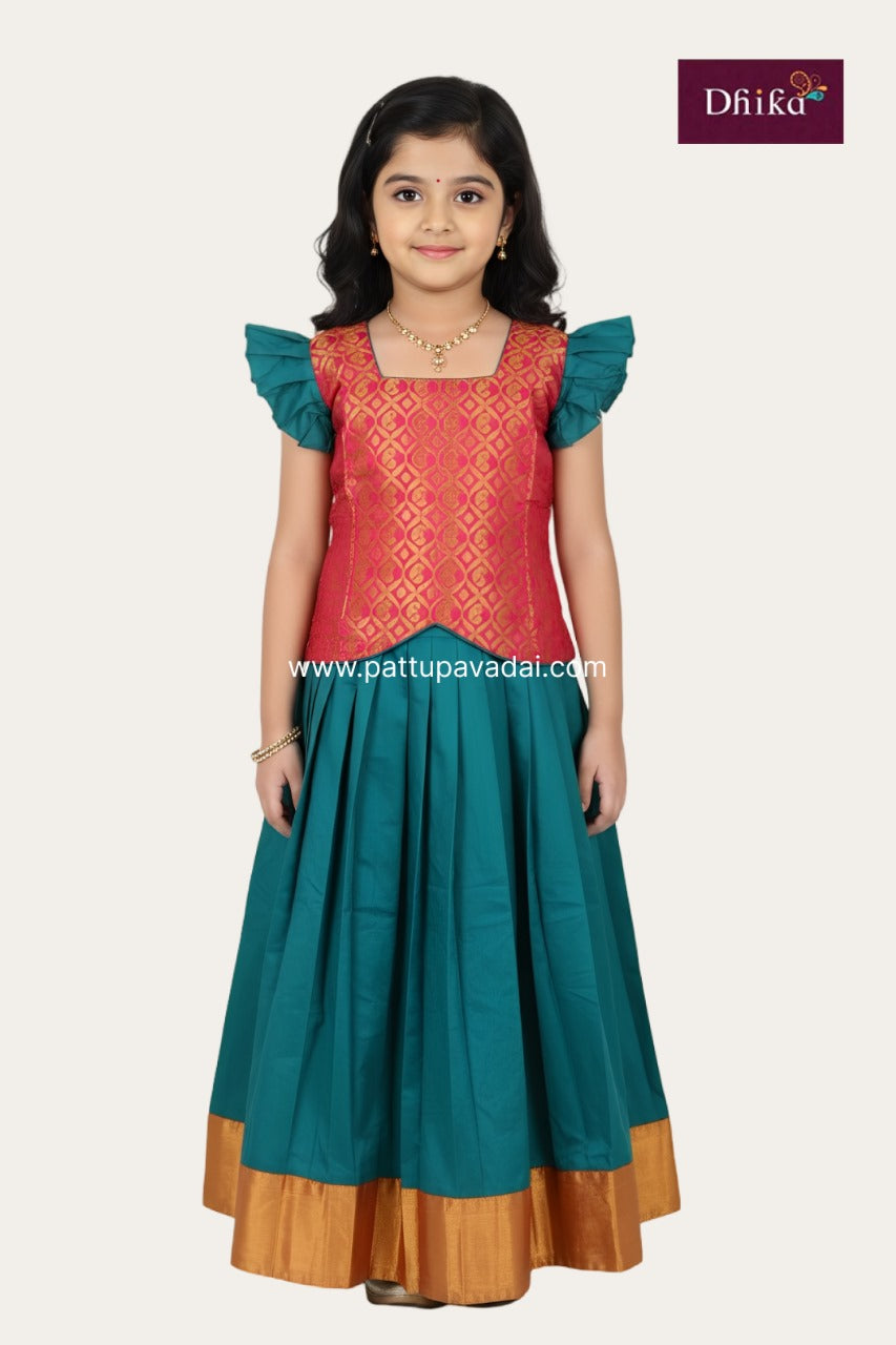 Young girl wearing a traditional outfit with red and green colors on a white background