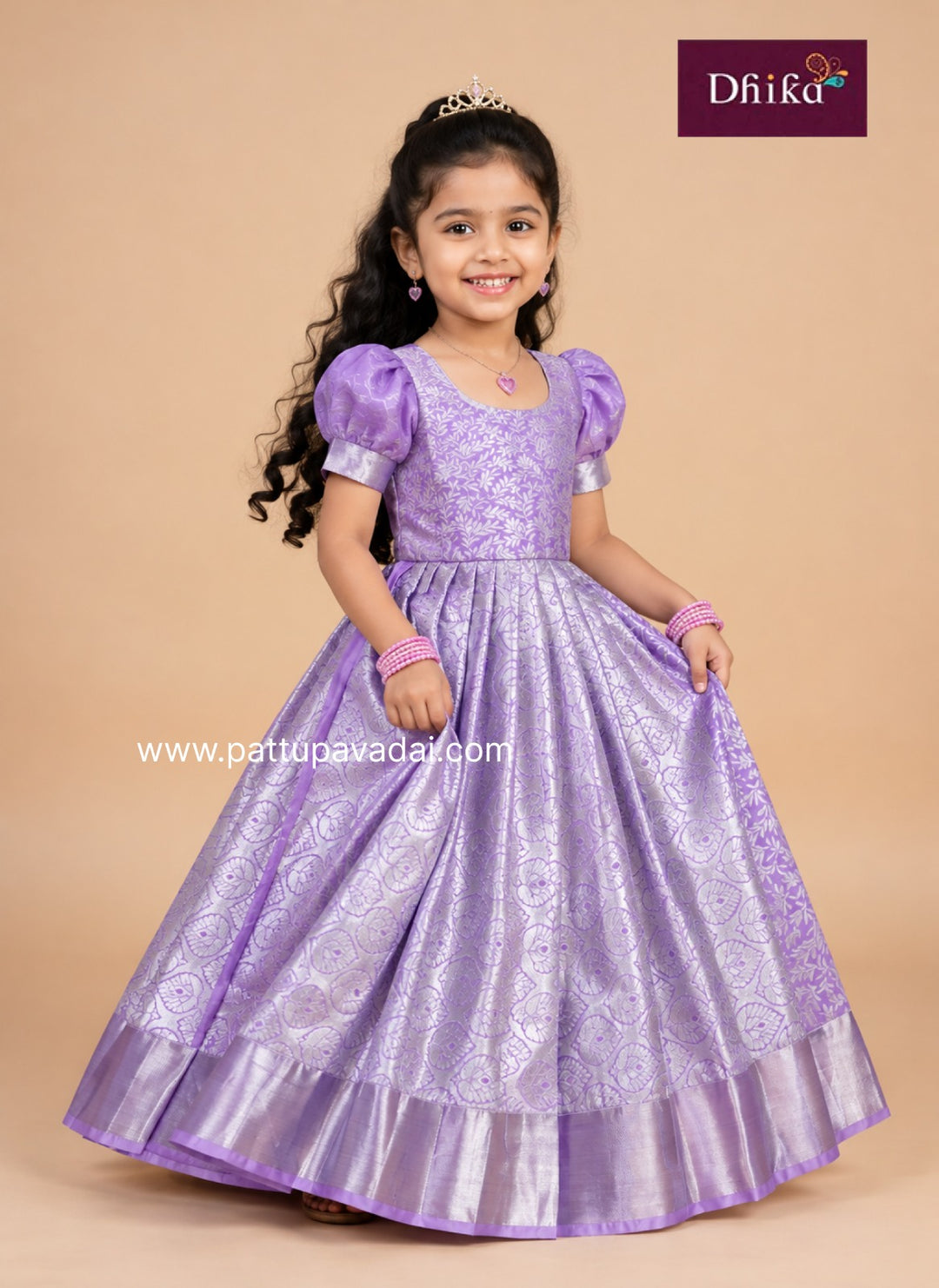 lavender semi silk gown with silver colour details for girls