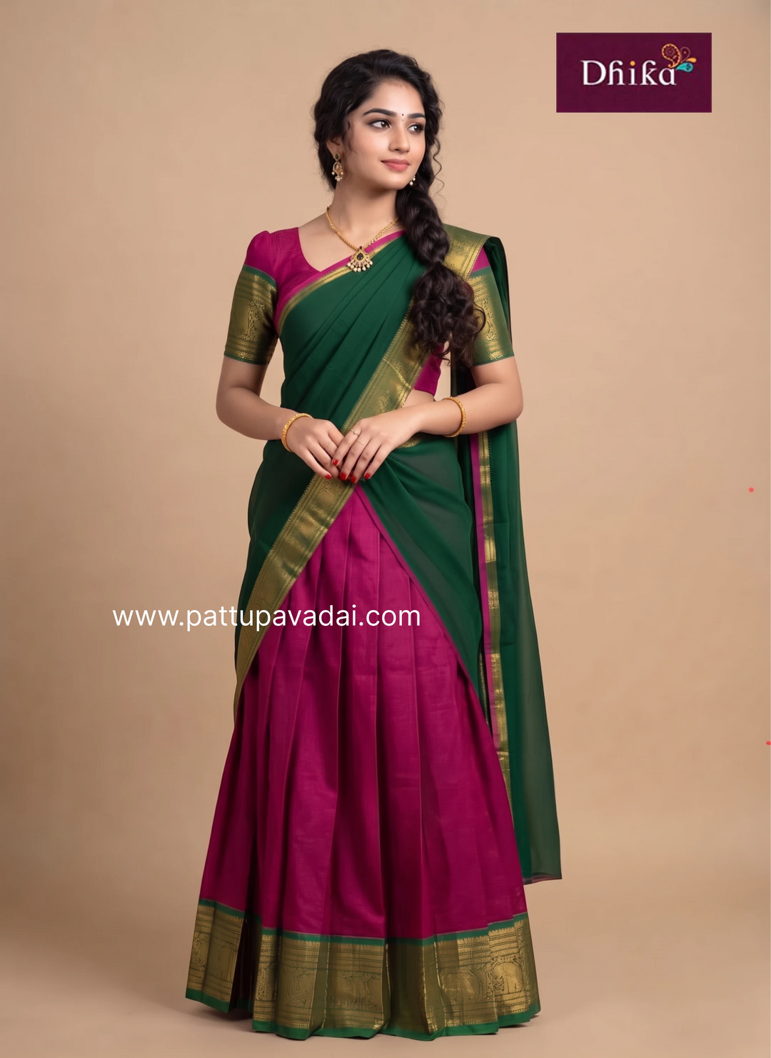 Magenta and green traditional cotton half saree outfit for girls