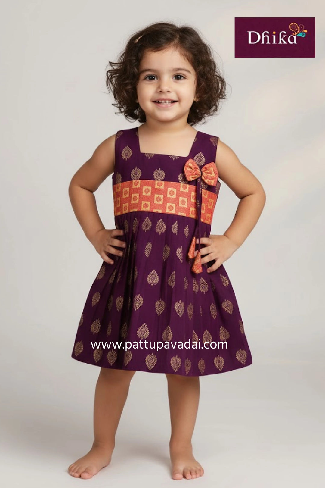 magenta kids cotton frock traditional flower design festive wear for kids from pattupavadai.com