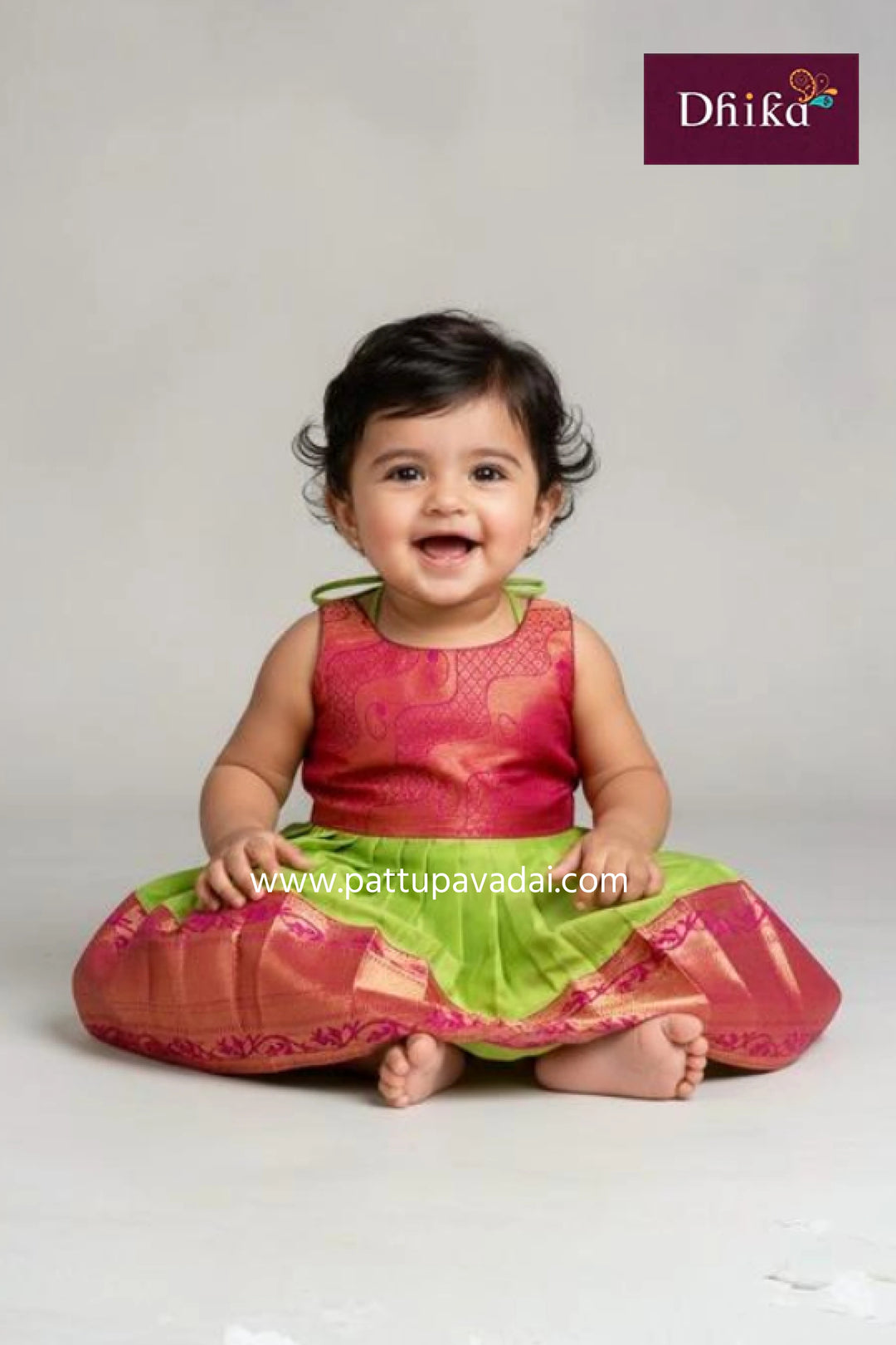 Magenta & Parrot Green Silk Frock for Kids – Elegant Festive Wear