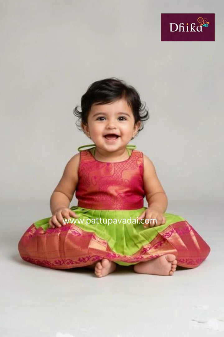 Magenta & Parrot Green Silk Frock for Kids – Elegant Festive Wear