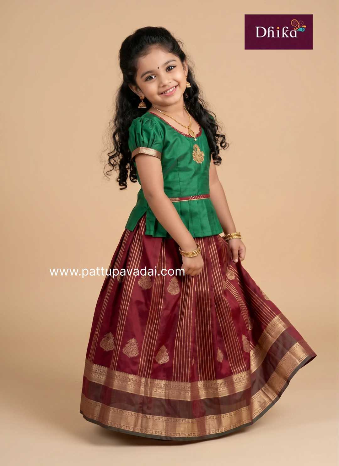 Girls maroon and green soft silk traditional pavadai