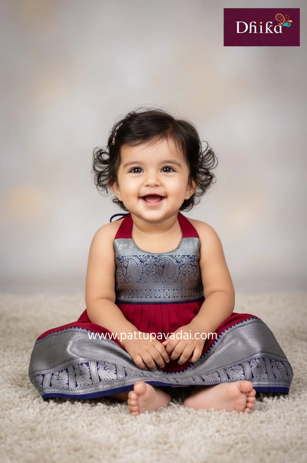 maroon and navy blue silk knot frock for kids elegant party wear