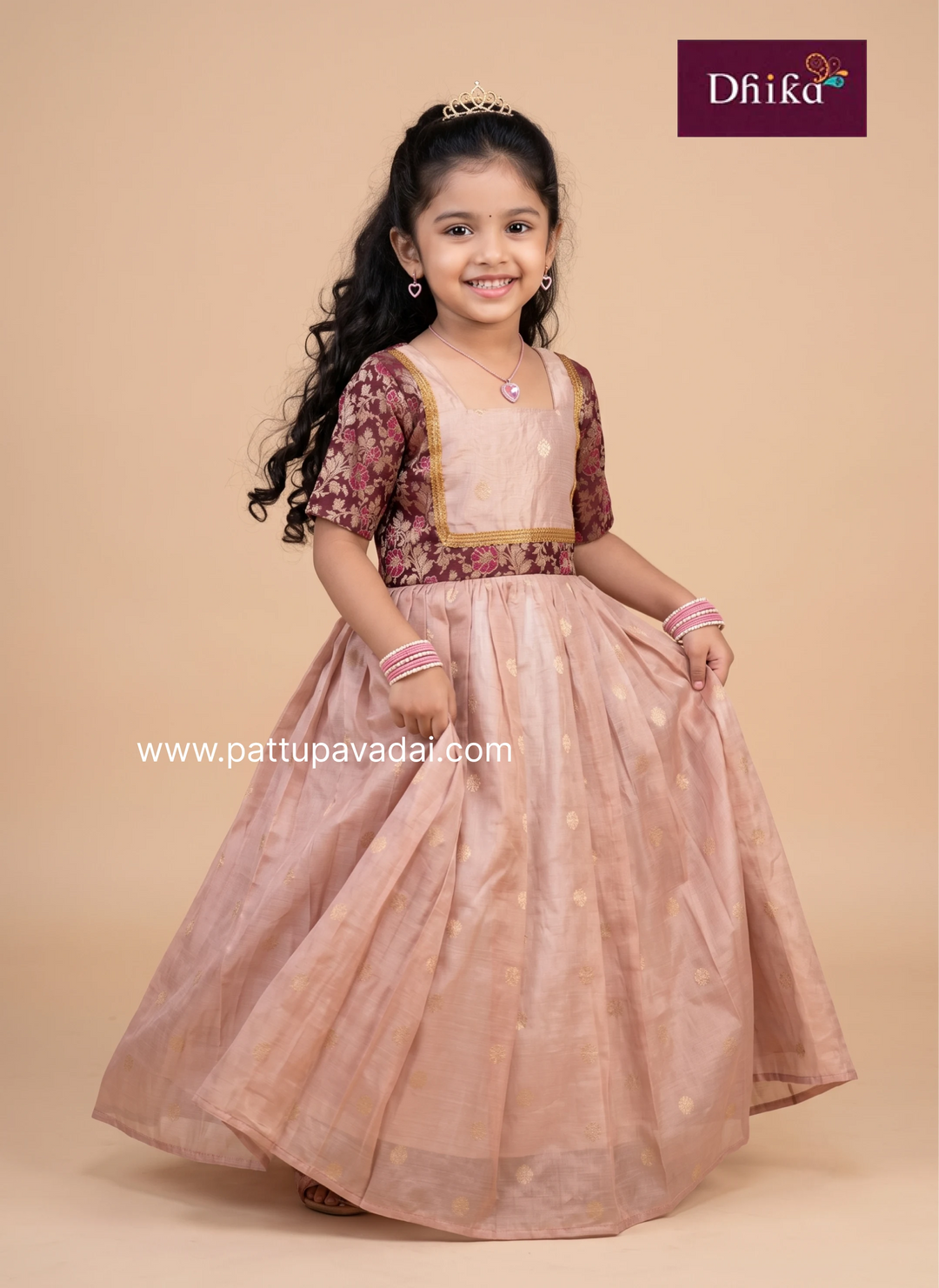 Girls maroon and peach Banarasi silk long gown for festive occasions