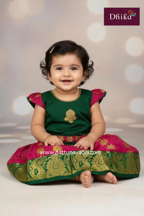 maroon and green silk cotton pattu pavadai set traditional kids festive wear from pattupavadai.com