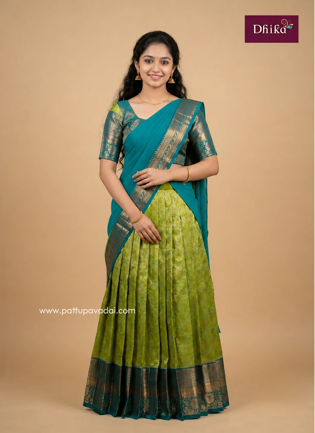mild green and rama blue semi kanchipuram half saree for girls