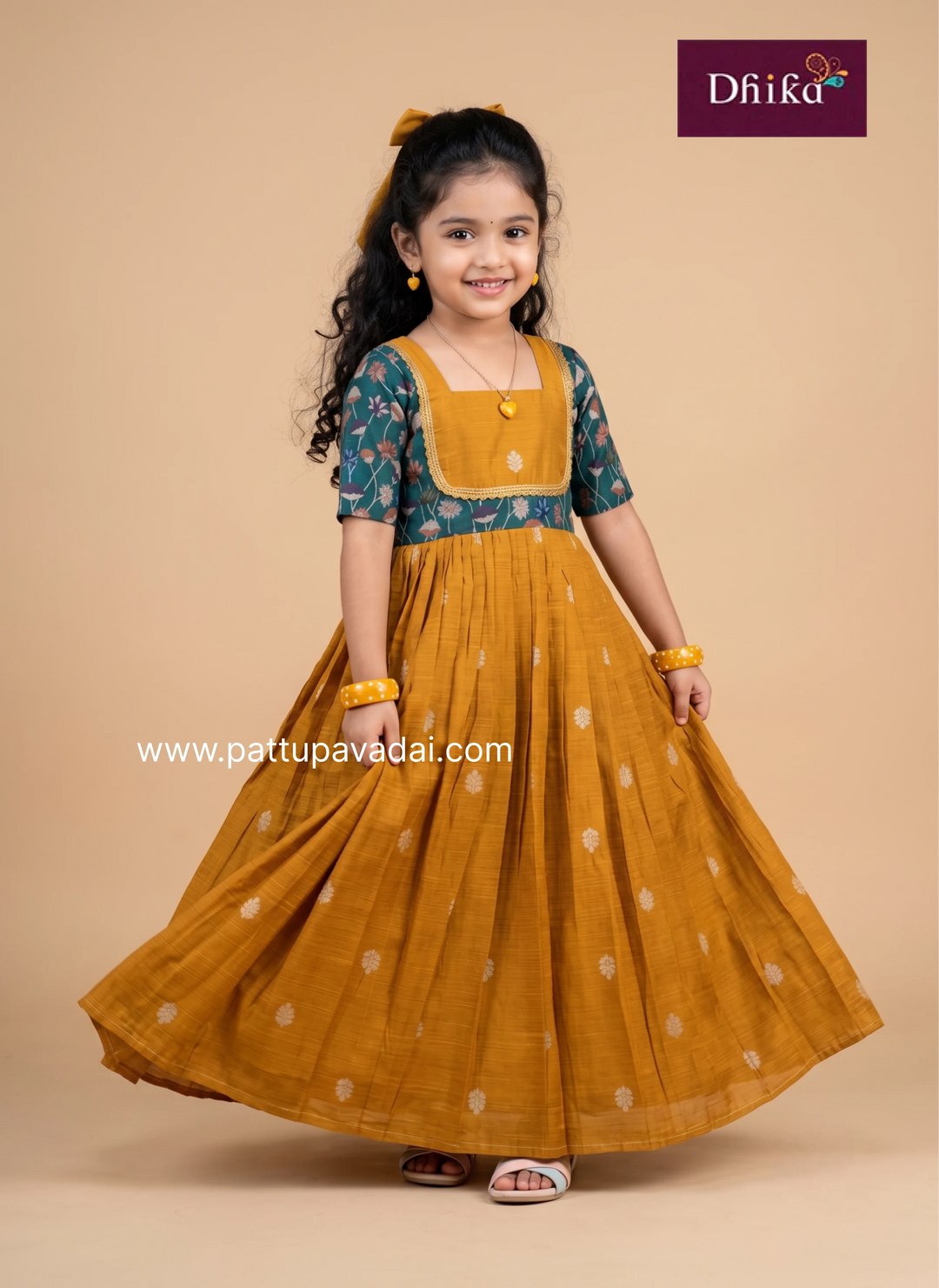 Girls mustard and green raw silk long gown for festive occasions