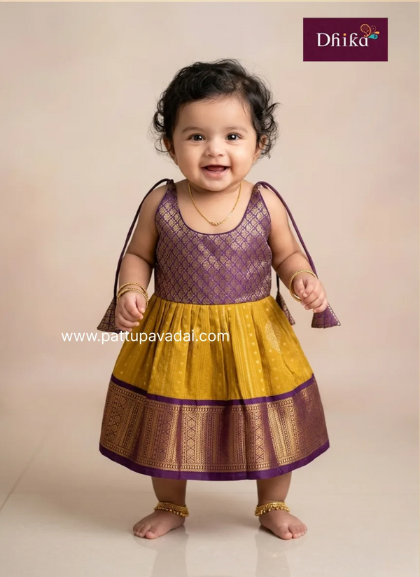 mustard yellow violet silk knot frock for girls kids party wear dress